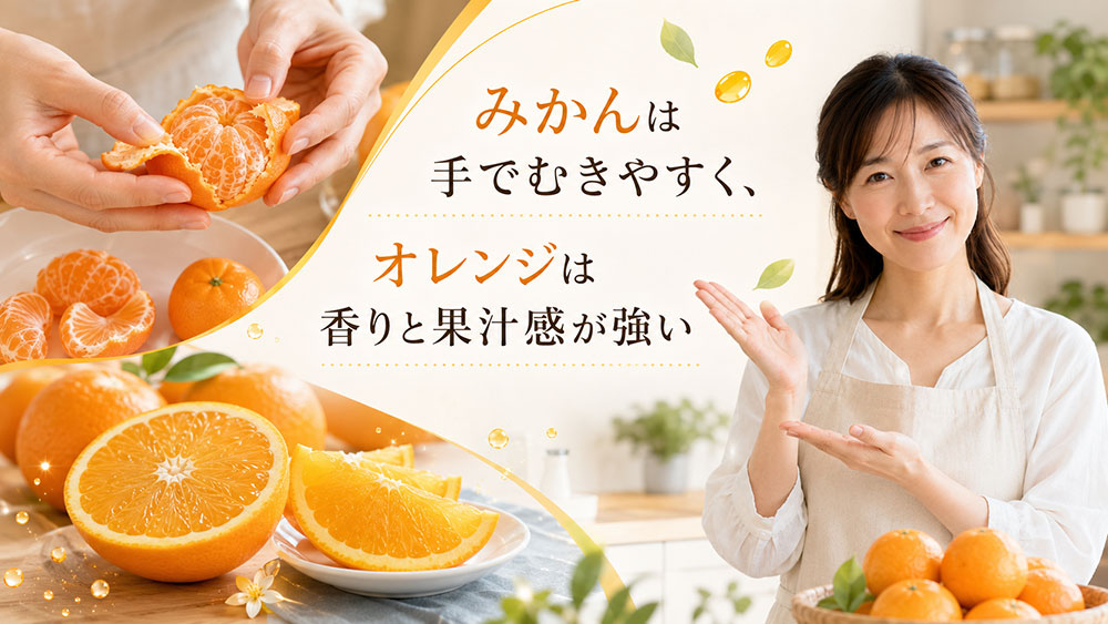みかんは手でむきやすく、オレンジは香りと果汁感が強い