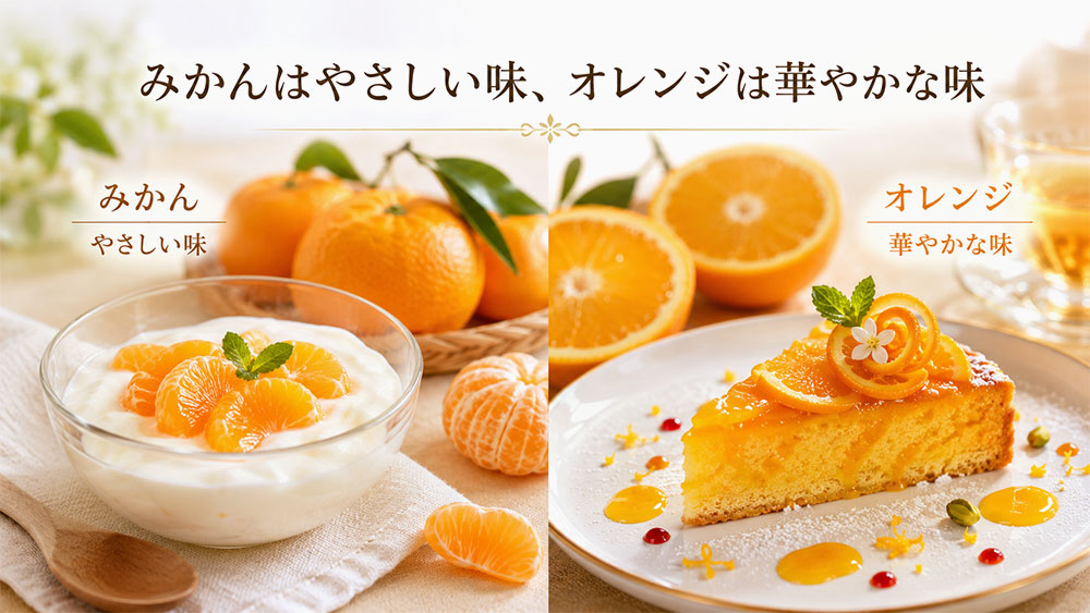 みかんはやさしい味、オレンジは華やかな味になる
