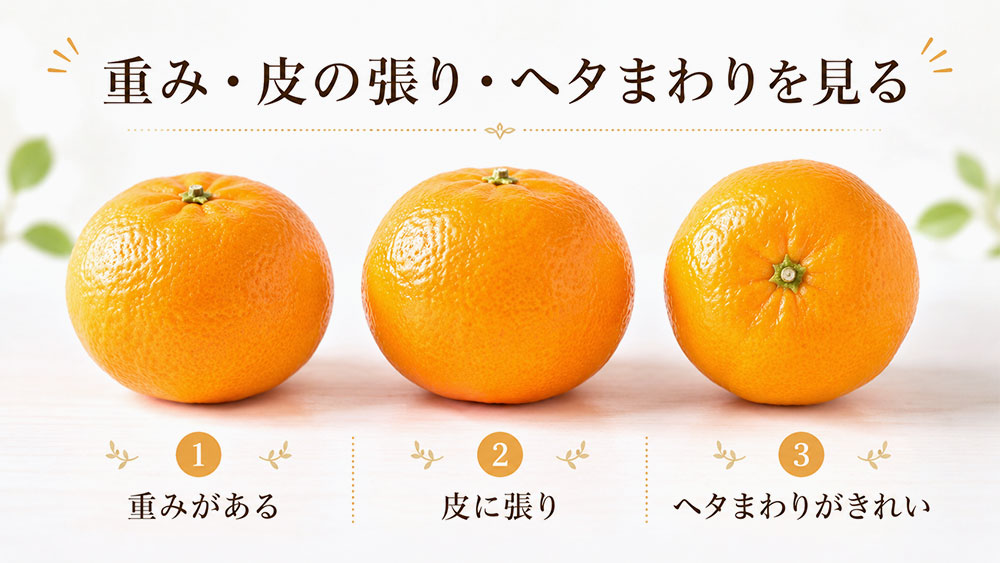 みかんは重み・皮の張り・ヘタまわりを見る