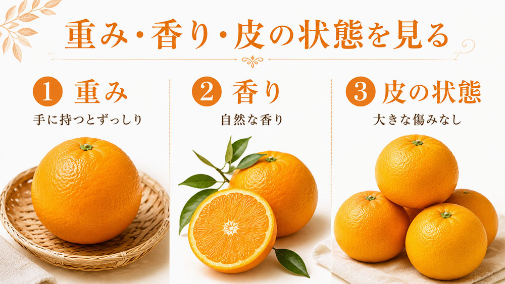 オレンジは重み・香り・皮の状態を見る