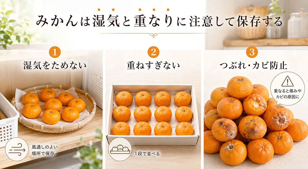 みかんは湿気と重なりに注意して保存する