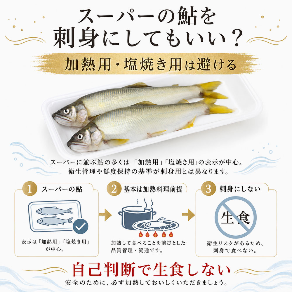 スーパーの鮎を刺身にしてもいい？加熱用・塩焼き用は避ける