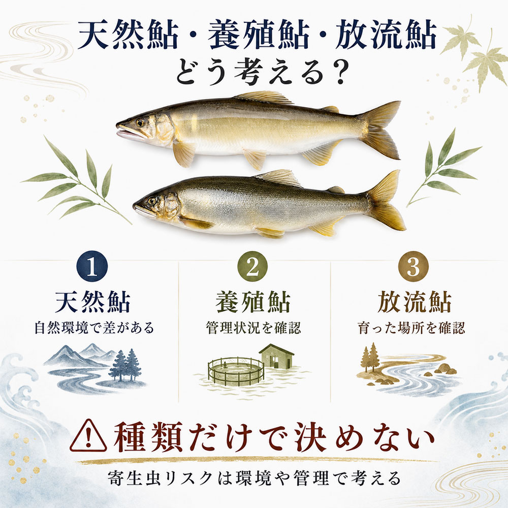 天然鮎・養殖鮎・放流鮎で寄生虫リスクはどう違う？