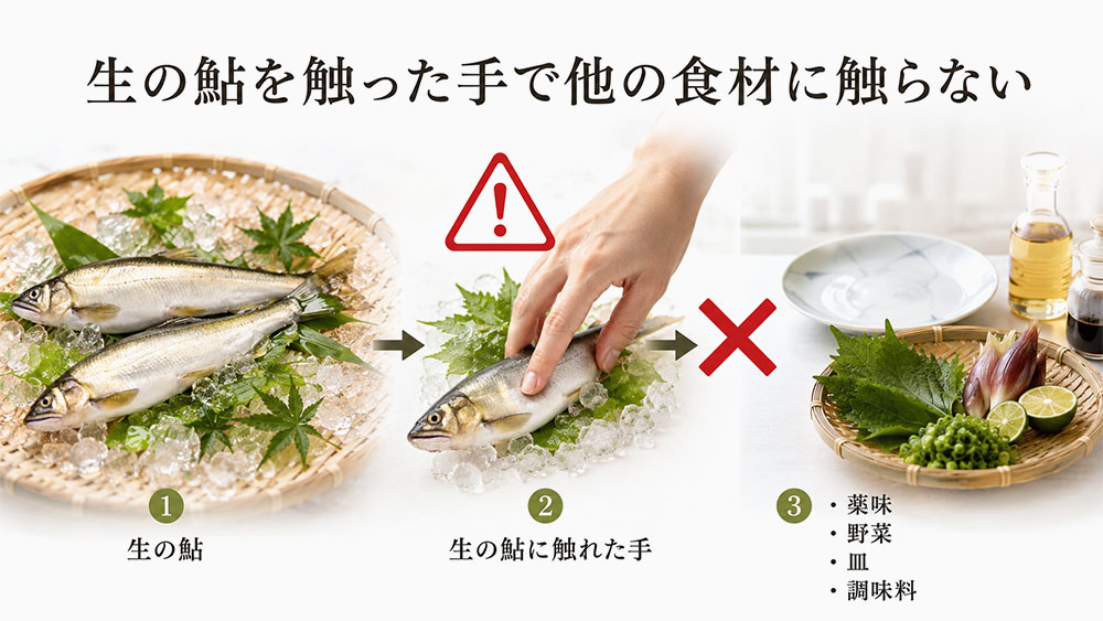 生の鮎を触った手で他の食材に触らない