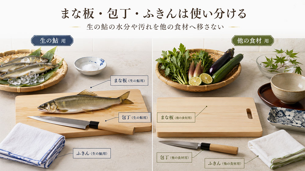 まな板・包丁・ふきんは使い分ける