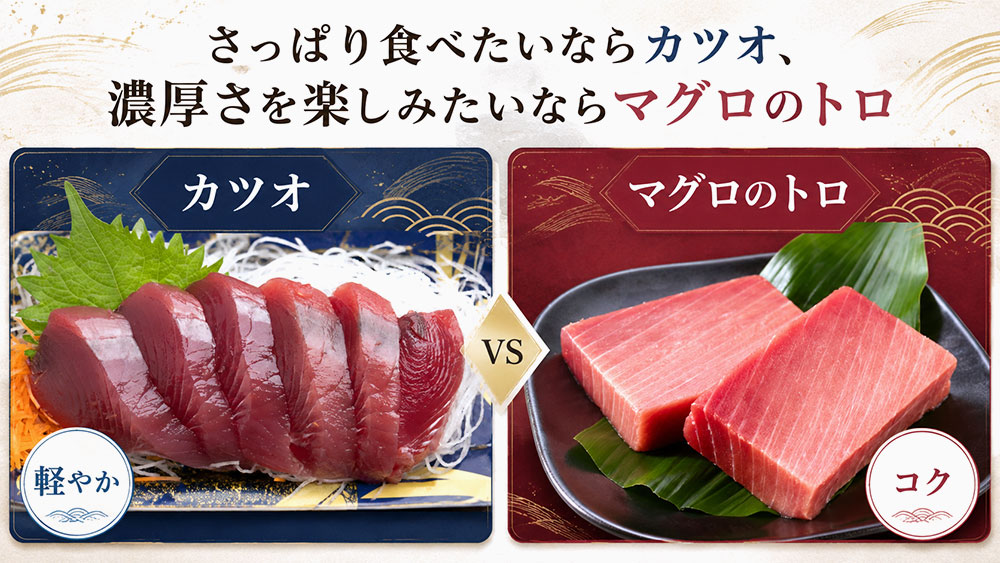 さっぱり食べたいならカツオ、濃厚さを楽しみたいならマグロのトロ