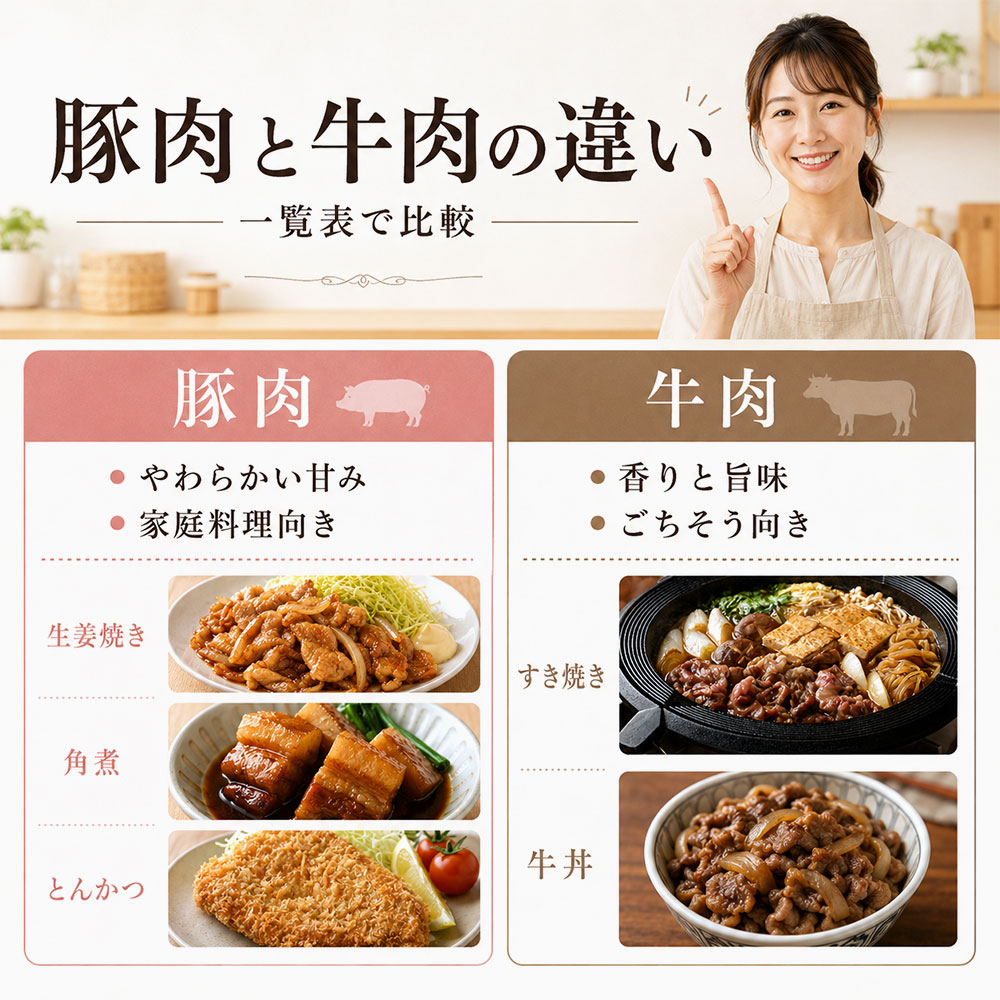 豚肉と牛肉の違いを一覧表で比較
