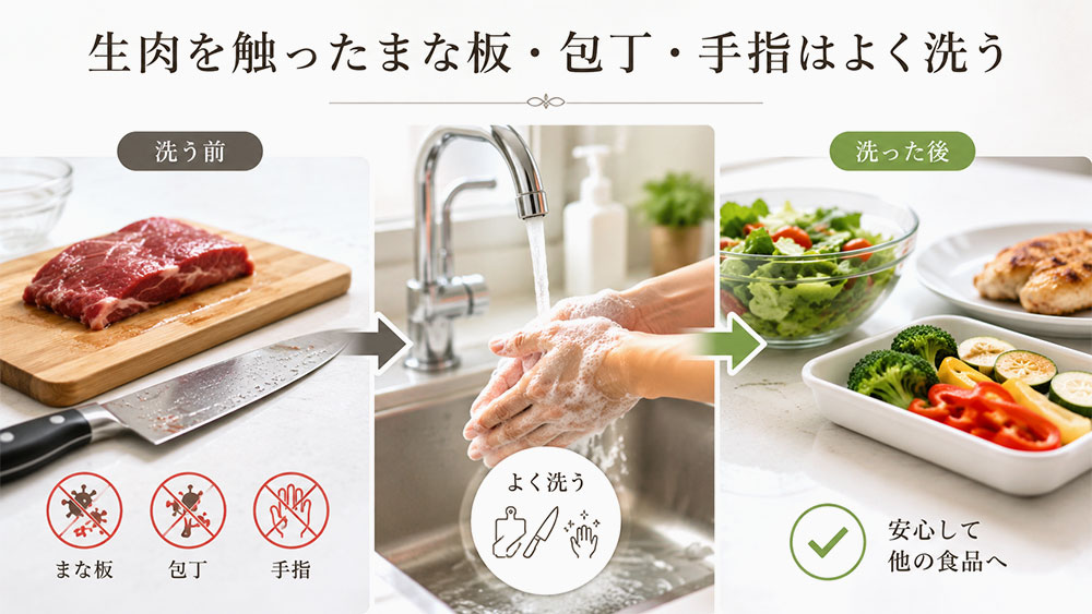 生肉を触ったまな板・包丁・手指はよく洗う
