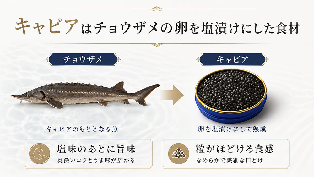 キャビアはチョウザメの卵を塩漬けにした食材