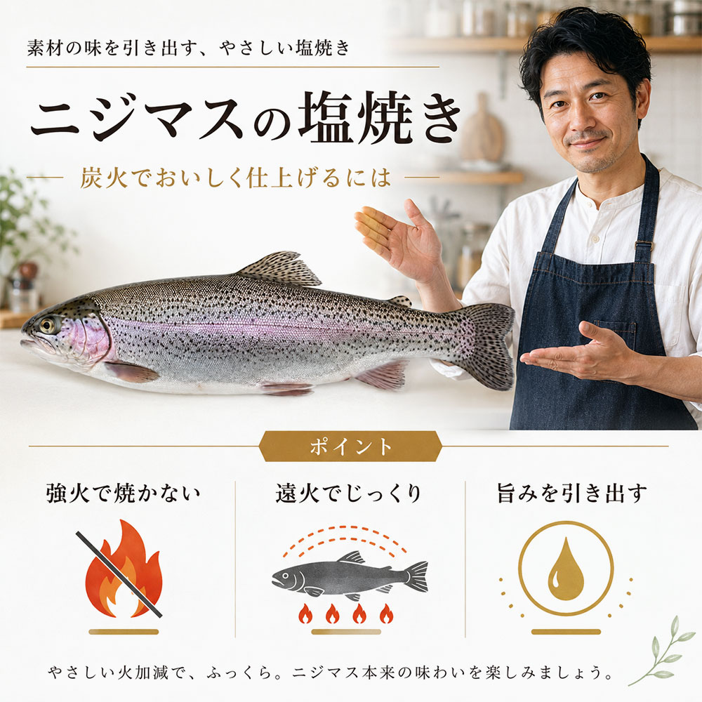 ニジマスの塩焼きを炭火でおいしく焼くコツ