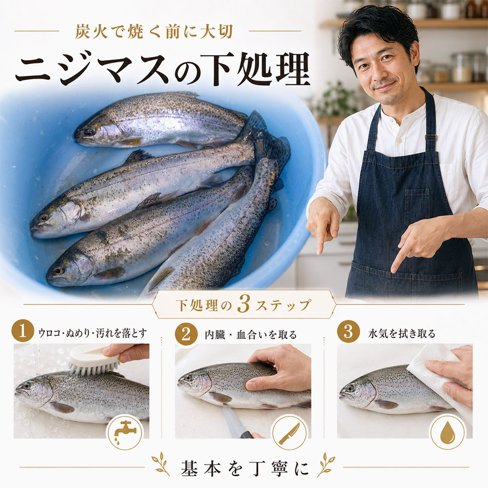 ニジマスを炭火で焼く前の下処理