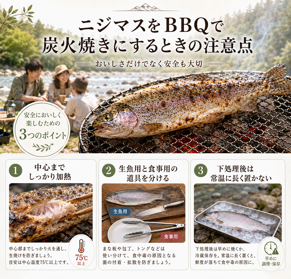 ニジマスをBBQで炭火焼きにするときの注意点