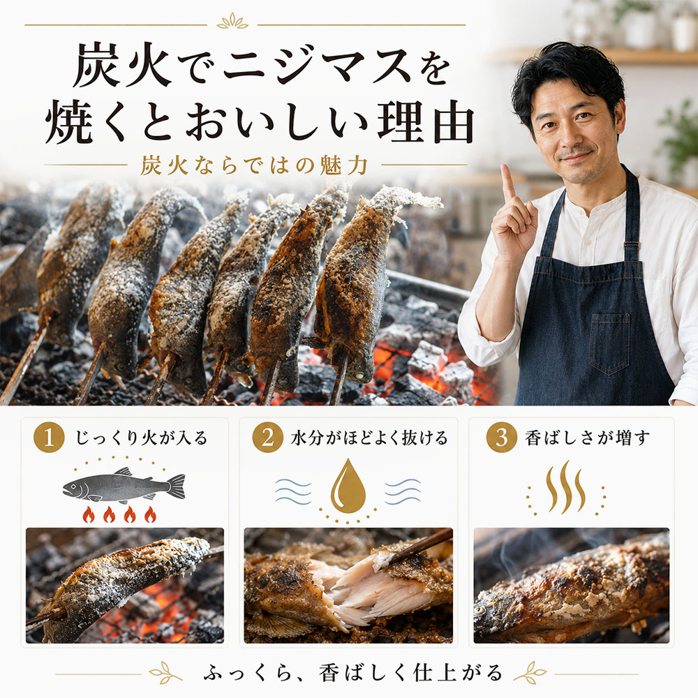 炭火でニジマスを焼くとおいしい理由