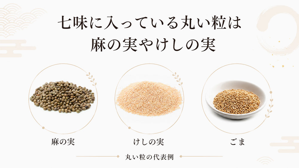 七味に入っている丸い粒は麻の実やけしの実