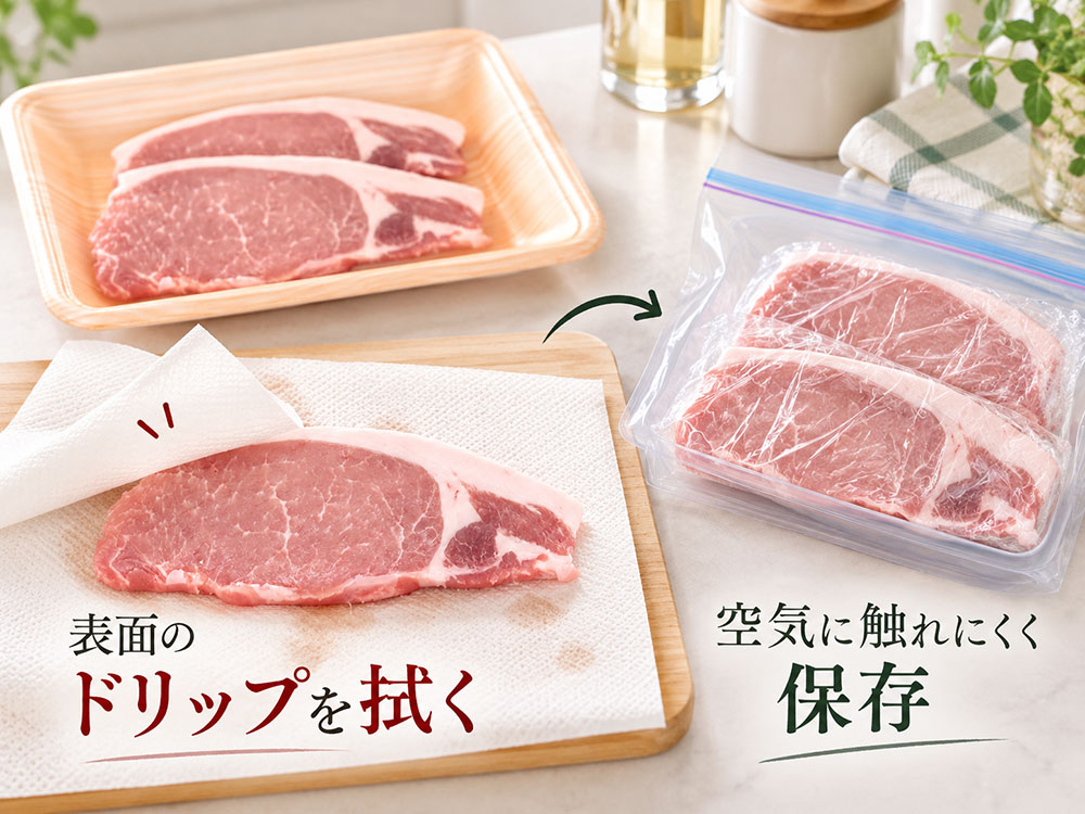 ドリップを拭き取り、ラップと保存袋で乾燥を防ごう