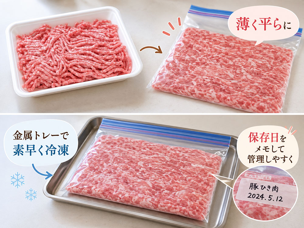 豚ひき肉は薄く平らに！必要な分だけ使いやすくする工夫