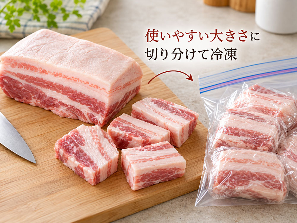 豚バラなどのブロック肉は使う大きさに切り分けて冷凍