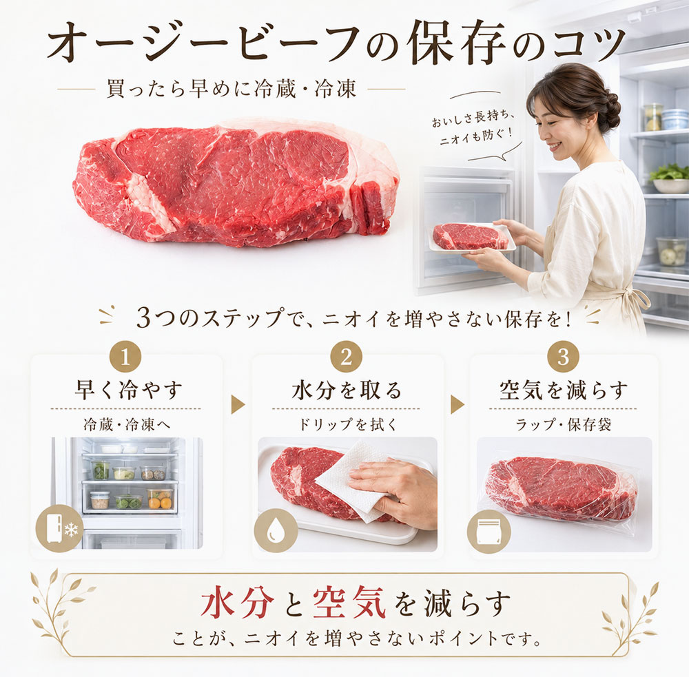 オージービーフの臭みを増やさない保存方法