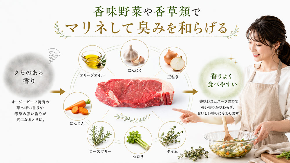 香味野菜や香草類でマリネして臭みを和らげる