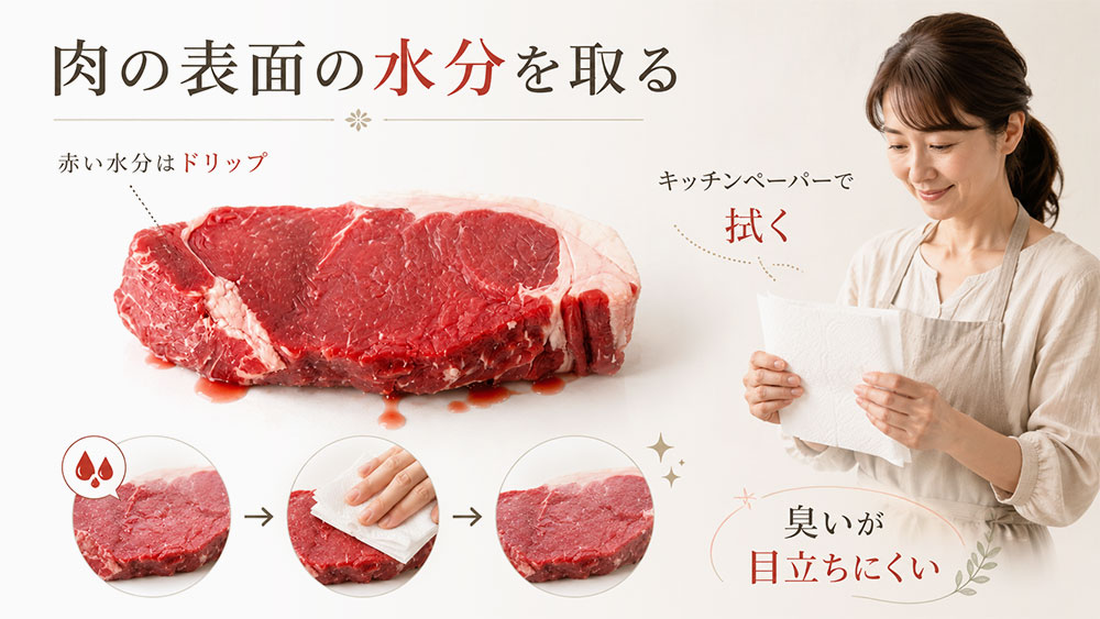 肉の表面ををキッチンペーパーで拭き取る