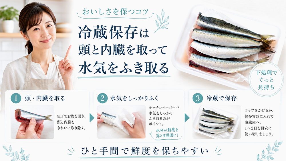 冷蔵保存は頭と内臓を取って水気をふき取る