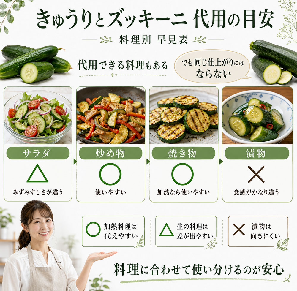 きゅうりとズッキーニは代用できる?料理別の早見表