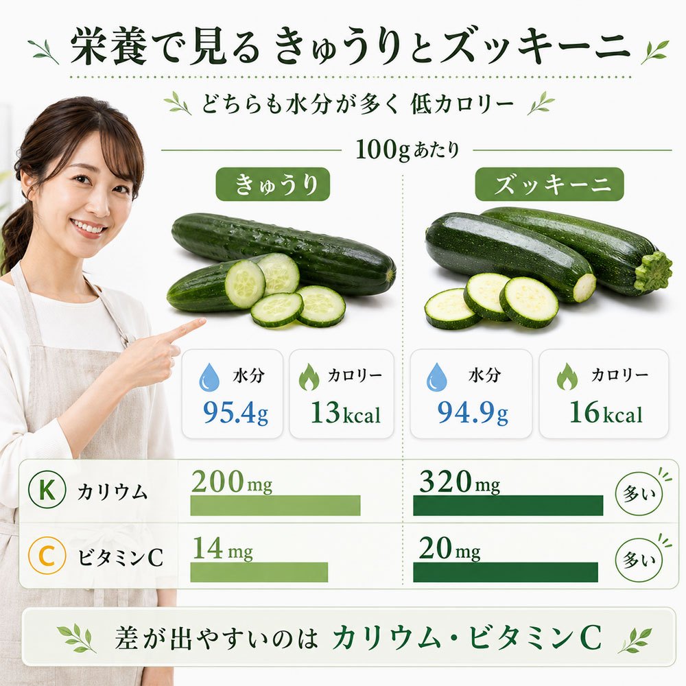 栄養面で比較するきゅうりとズッキーニの違い