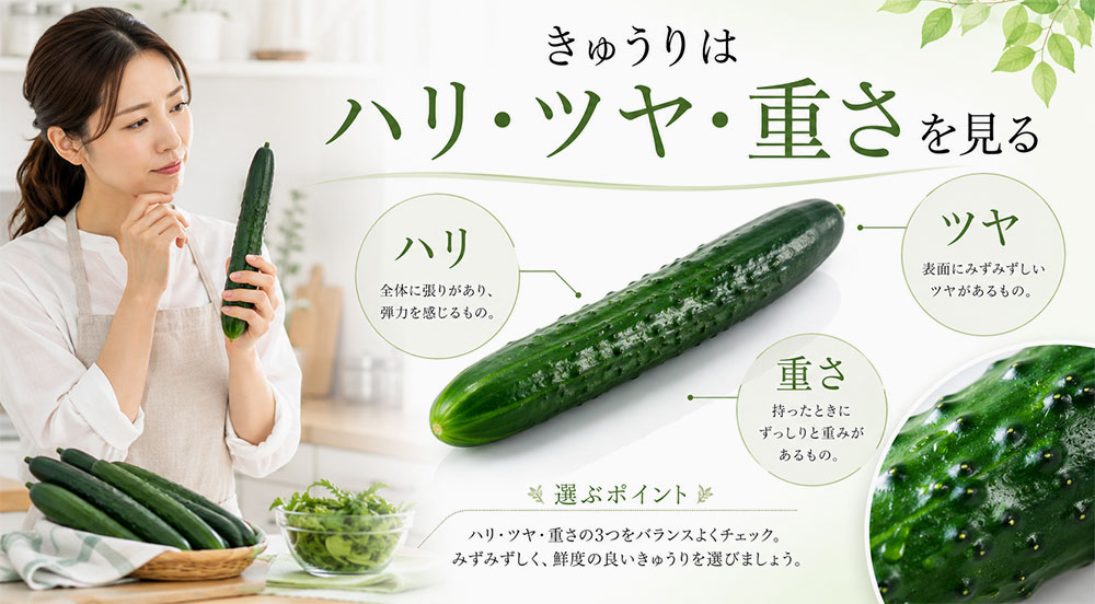 きゅうりはハリ・ツヤ・重さを見る