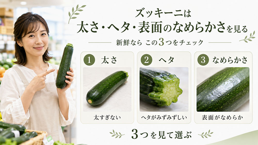 ズッキーニは太さ・ヘタ・表面のなめらかさを見る