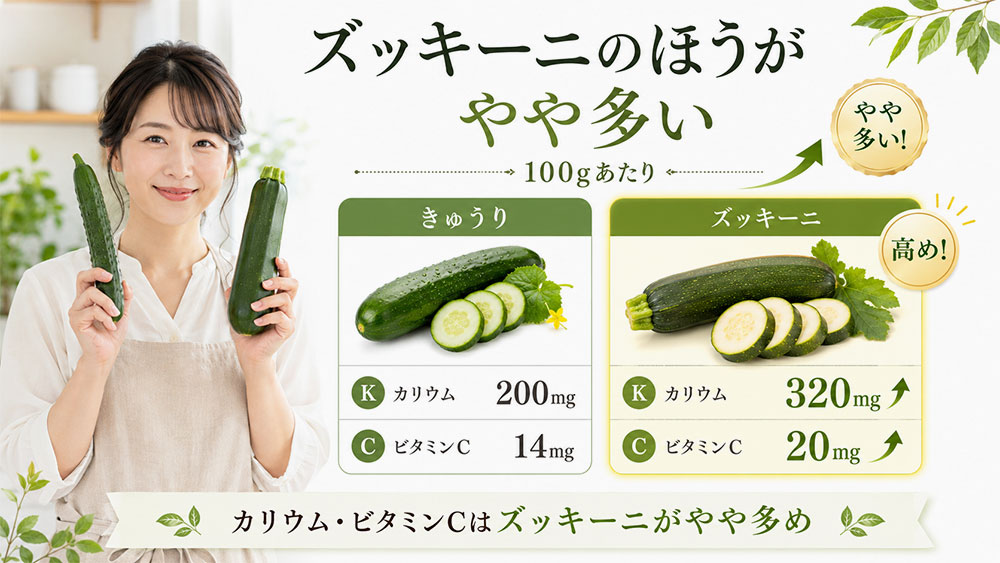 カリウムやビタミンCはズッキーニのほうがやや多い