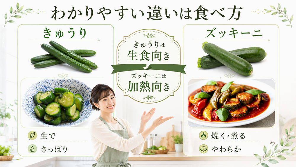 一番の違いは「きゅうりは生食向き、ズッキーニは加熱向き」